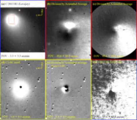 (a) 2014년 1월 5일 보현산 1.8m 망원경과 KASINICS J-밴드로 촬영한 러브조이 혜성, (b) 촬영조건은 (a)와 동일, 중심핵 부분을 방위각 평균(azimuthal average) 모델로 나누는 영상처리 실시, (c) 2014년 1월 12일 보현산 1.8m 망원경과 KASINICS J-밴드로 촬영한 러브조이 혜성, (d) 2014년 1월 12일 레몬산 1m 망원경과 C2-BC 밴드로 촬영한 러브조이 혜성, (e) 촬영조건은 (d)와 동일, 중심핵 부분을 방위각 평균(azimuthal average) 모델로 나누는 영상처리 실시, (f) 2014년 1월 12일 보현산 1.8m 망원경과 KASINICS J-밴드로 촬영한 리니어 혜성
