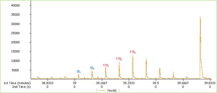 Chromatogram of C18:1 TFA in seasoning oil by GCxGC-TOFMS