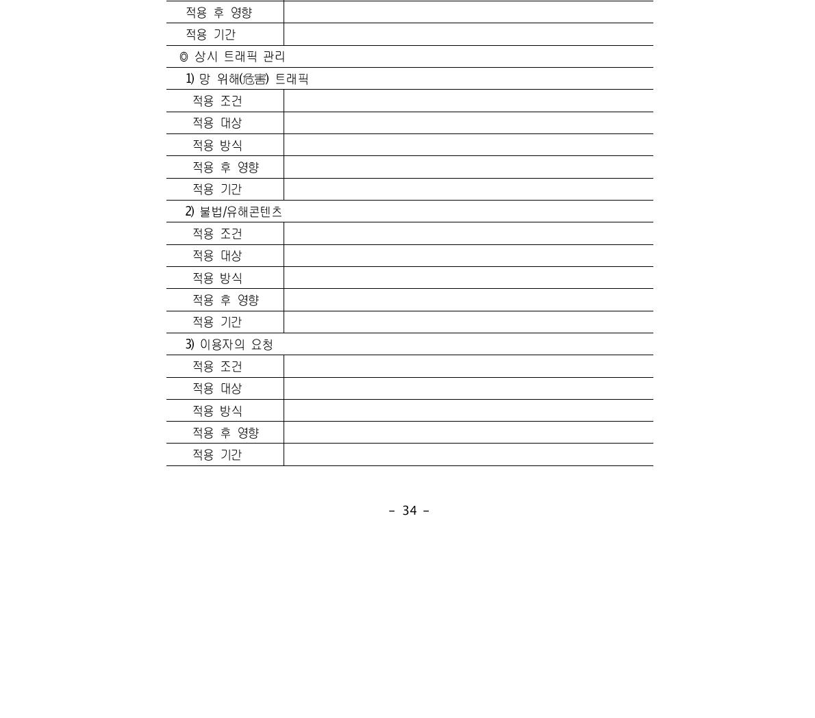 무선 인터넷 사업자의 트래픽 관리 정보공개양식(KFI) 별표 예시