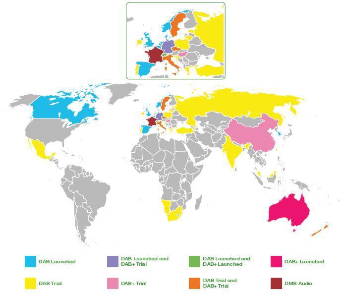 World Wide DAB, DAB+, T-DMB 서비스 개시 현황