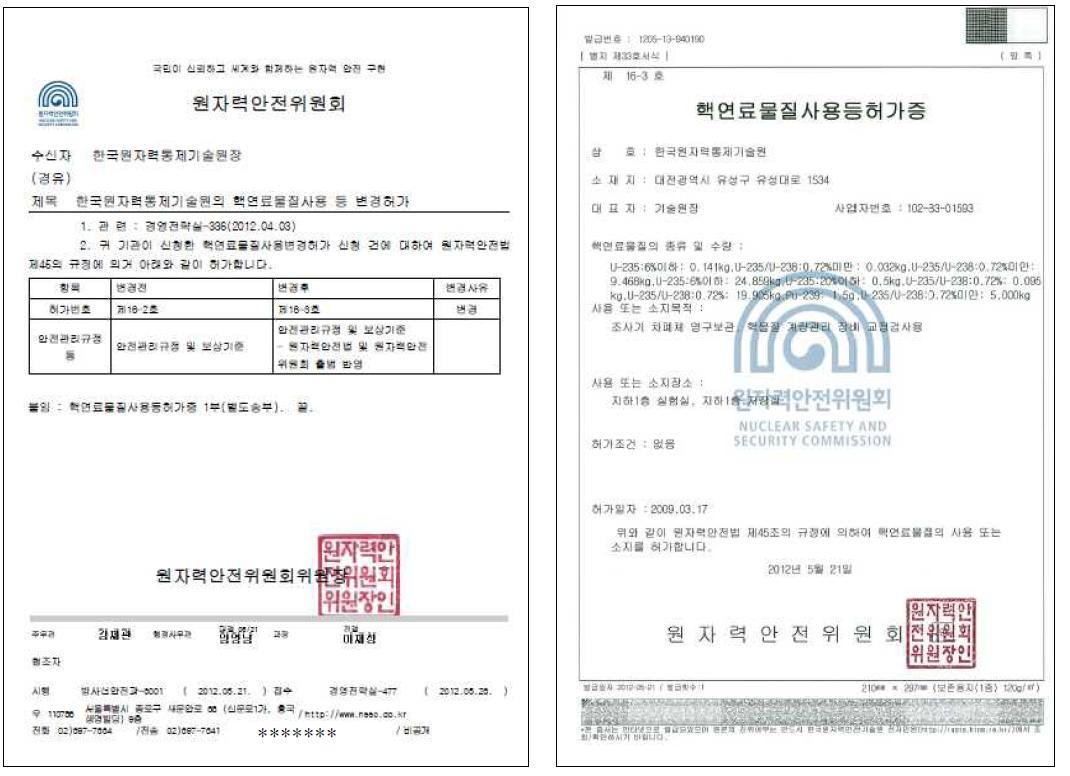 핵연료물질 사용 변경 허가 공문 및 허가증(제16-3호)