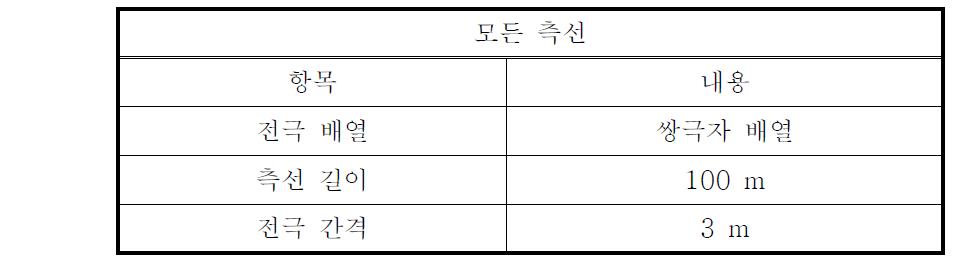 각 측선들의 전기비저항 탐사변수