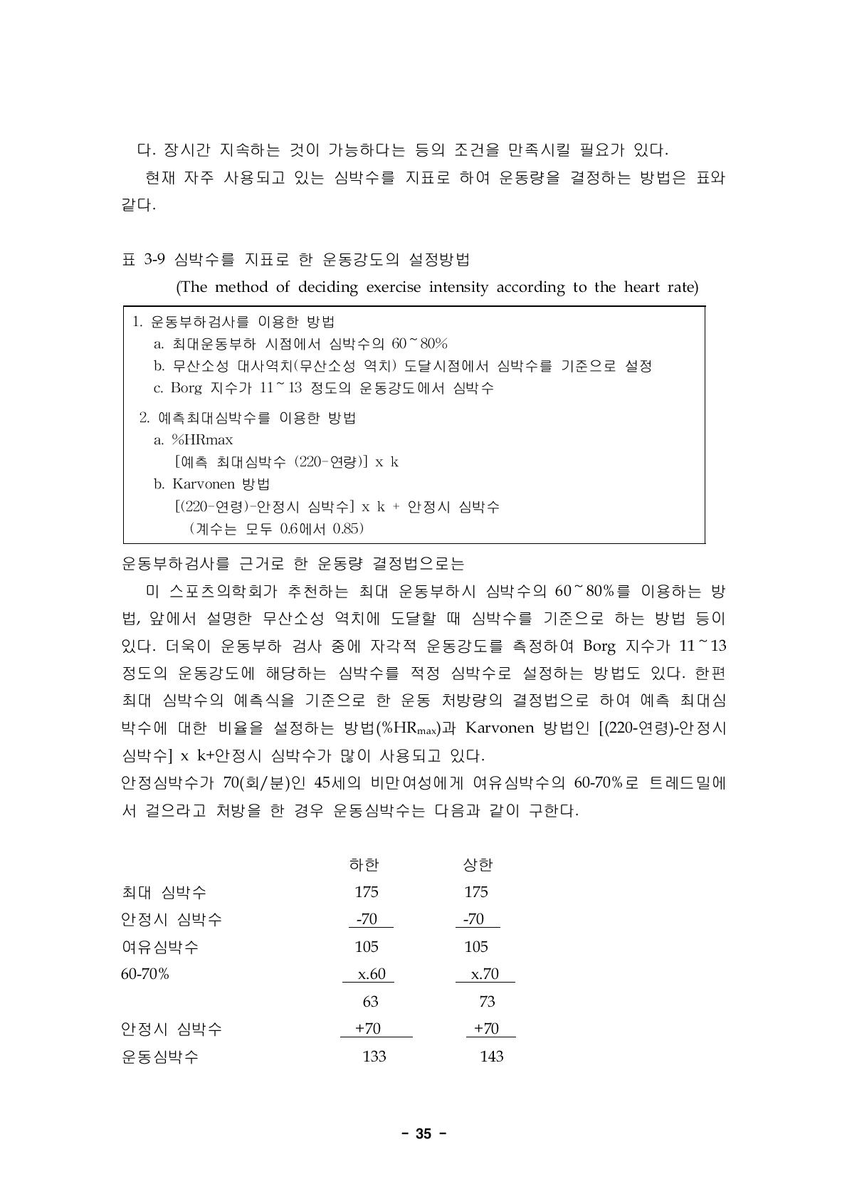 심박수를 지표로 한 운동강도의 설정방법(The method of deciding exercise intensity according to the heart rate)