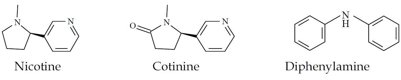 Figure 2. 니코틴, 코티닌 및 디페닐아민의 화학구조 (Structures of nicotine, cotinine and diphenylamine)