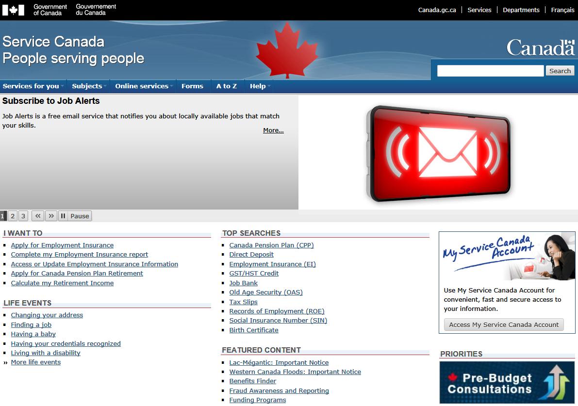 캐나다 Service Canada 홈페이지