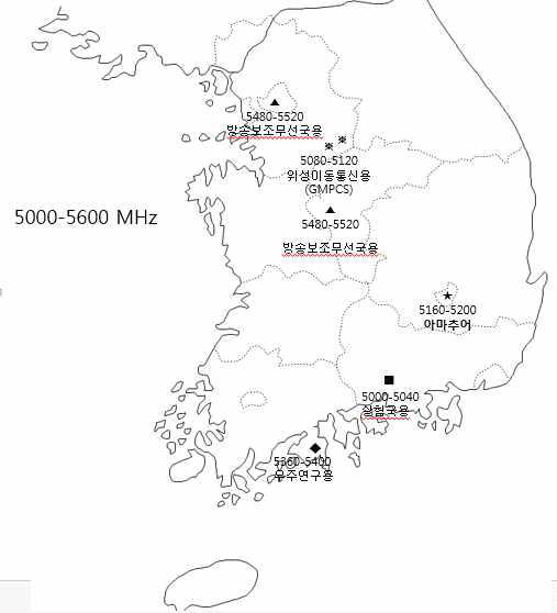 5000∼5600 MHz대역의 무선국 분포도