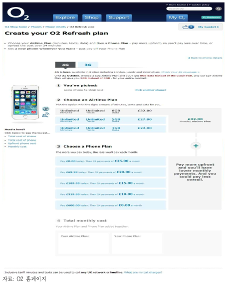영국 O2의 온라인 요금 및 단말가격 표시