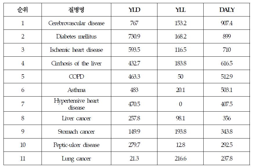 한국인의 10대 만성질환 질병부담 측정값