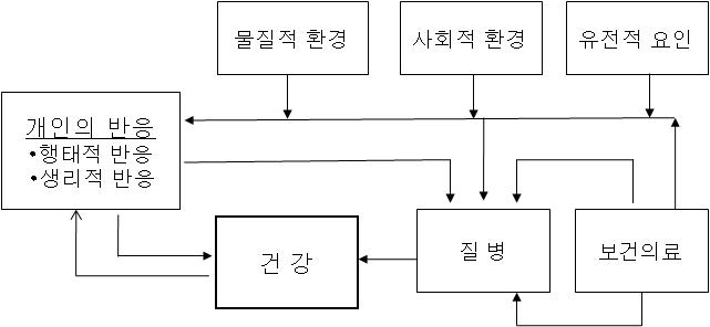 건강결정요인 체계도(자료 : 보건복지부(2011):2)