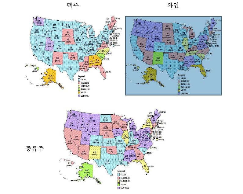 미국 주별, 주류 종류별 특별소비세 현황