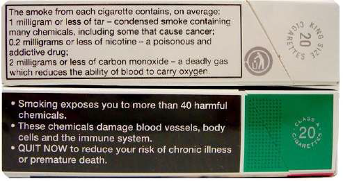 2006년 이전 담배제품 성분 함유량 표시(위) 및 2006년 이후 담배 연기 성분 표시(아래): 호주