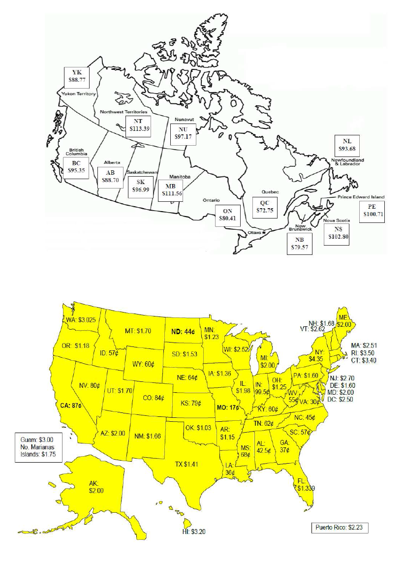 미국과 캐나다 담뱃세 및 가격 비교