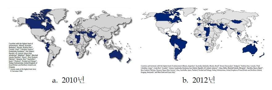 포괄적·전면적 실내 흡연규제를 시행하고 있는 국가 (2010년(a)과 2012년(b))