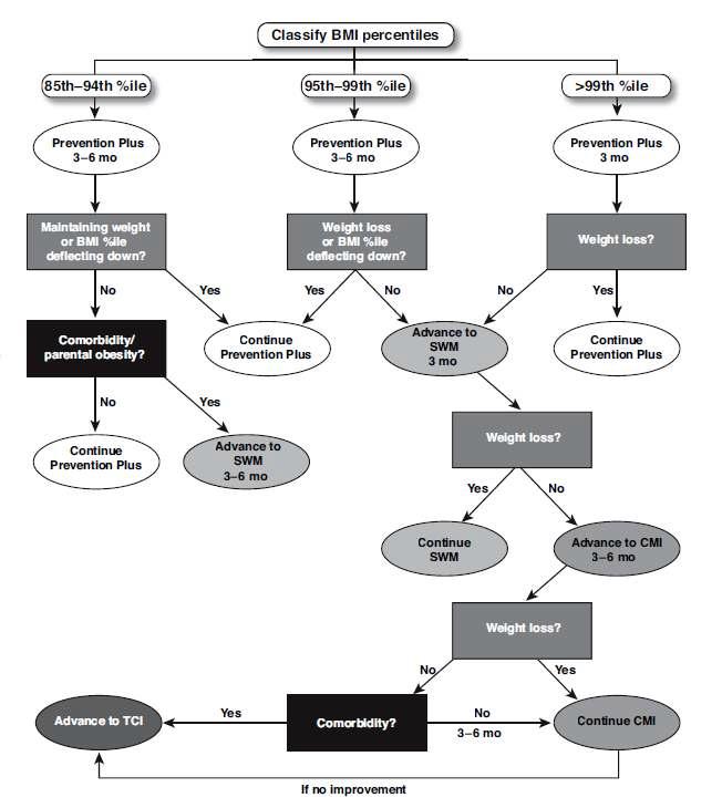 과체중, 비만인 12-18세 어린이에서 단계별 치료