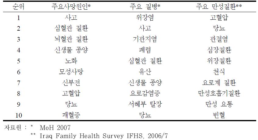 이라크의 주요 사망원인 및 이환질병, 만성질환