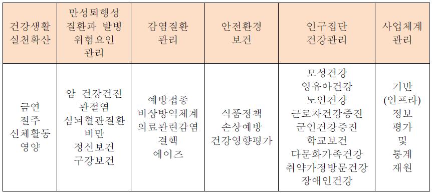 국민건강증진종합계획(HP2020)의 6대 분과, 32개 중점과제