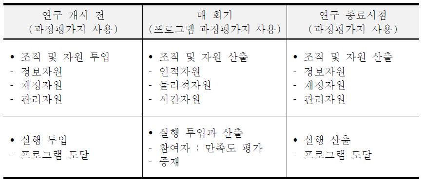 조직 및 자원, 실행 평가의 시점과 요소