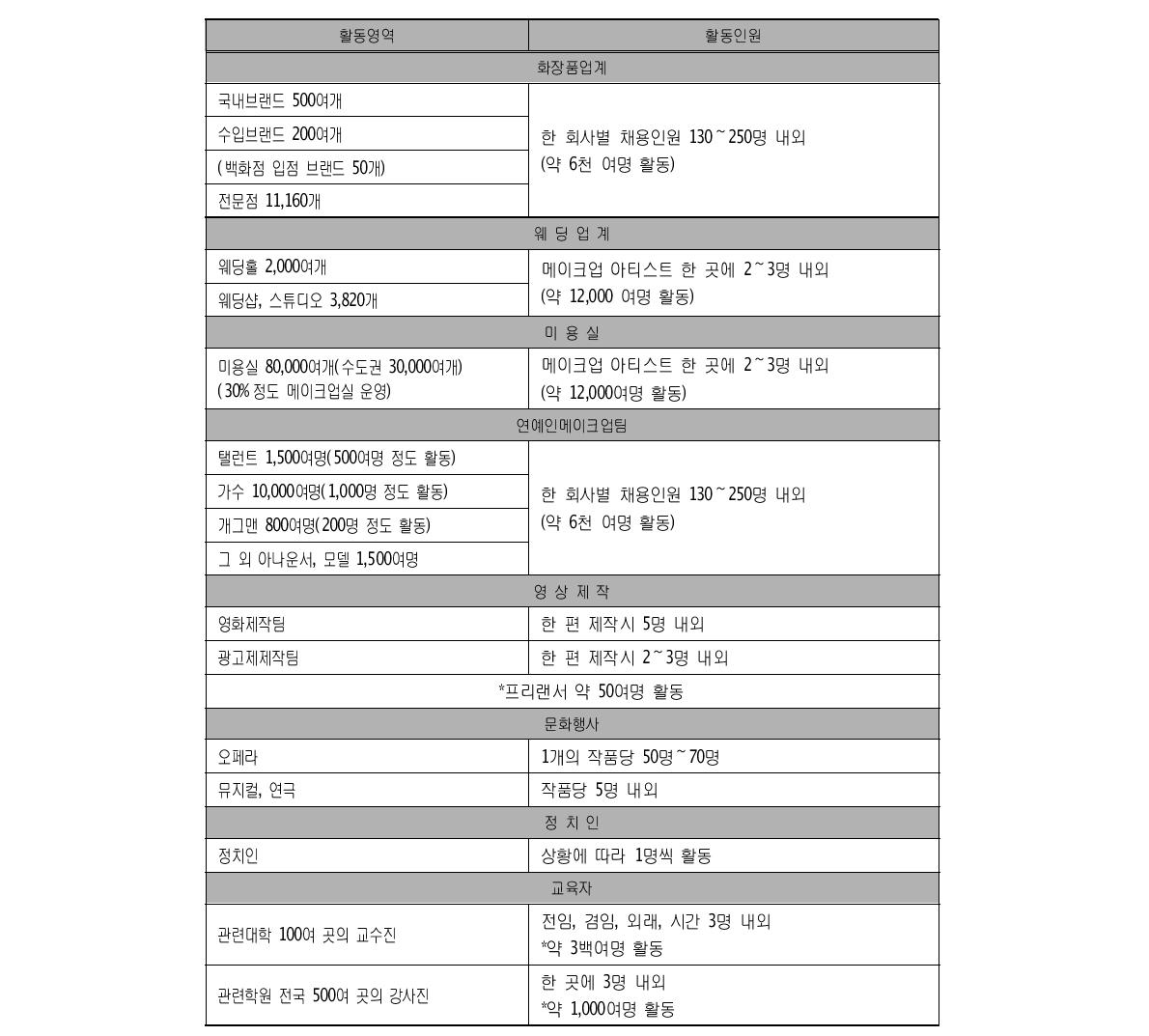 메이크업 아티스트 활동 영역