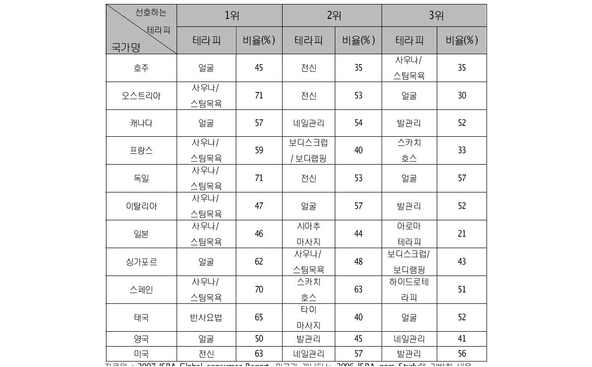 국가별로 본 선호하는 테라피 프로그램 연간 분석표