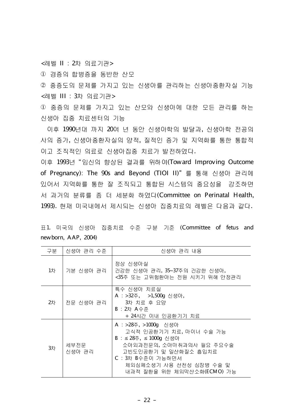 미국의 신생아 집중치료 수준 구분 기준 (Committee of fetus and