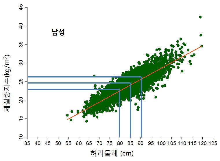 체질량지수와 허리둘레 비교 (남성)