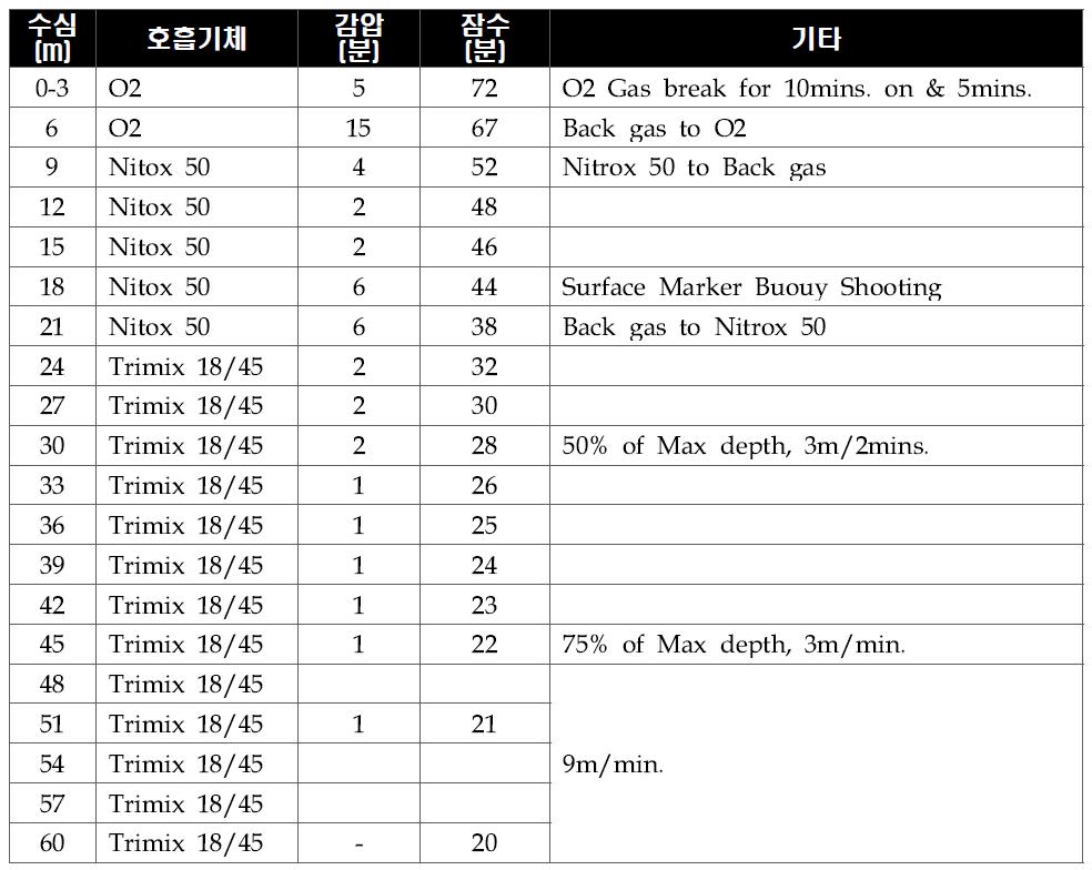 잠수조사 시 다이빙 계획(수심 60m 20분 )