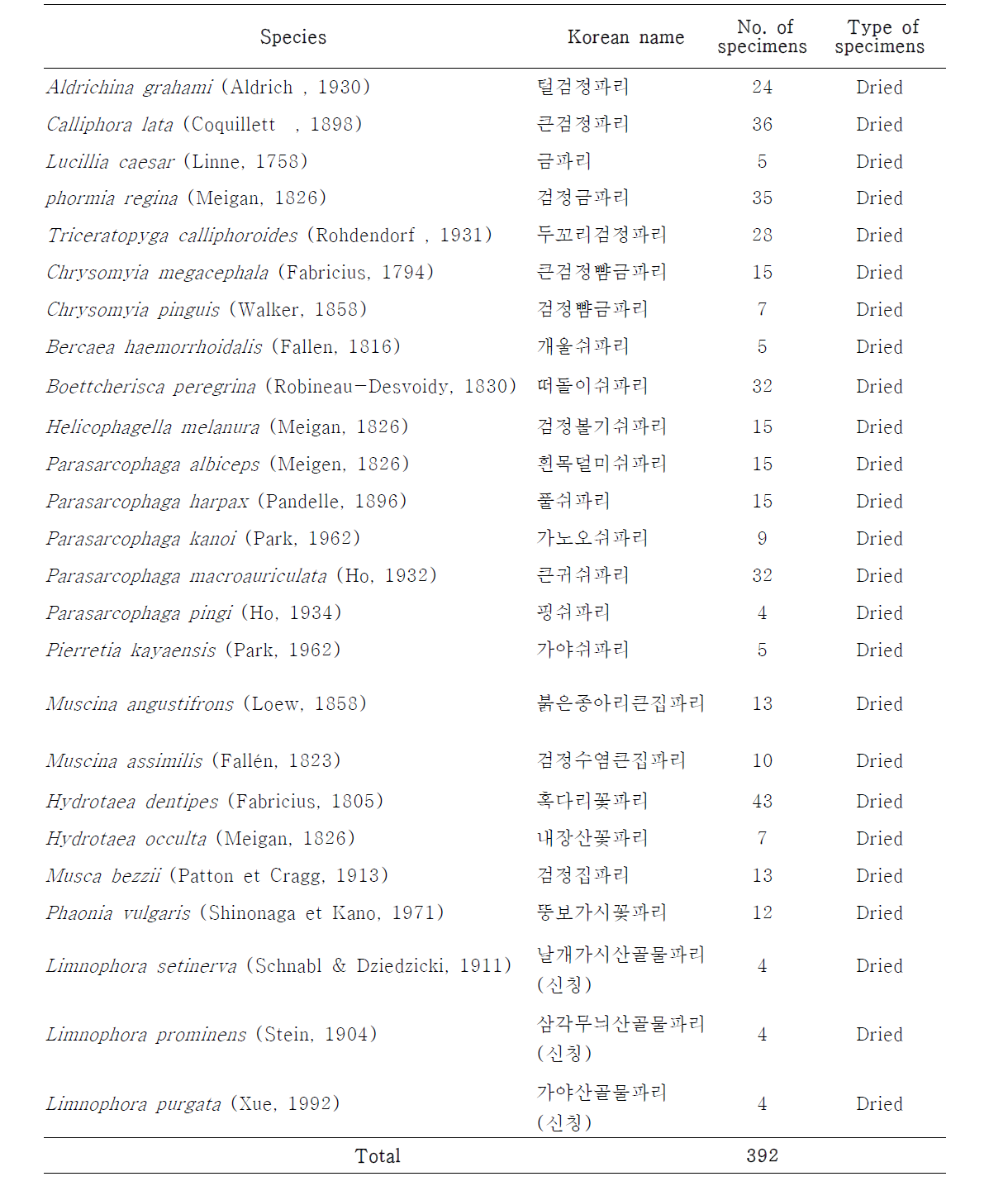 Collected flies in Korea