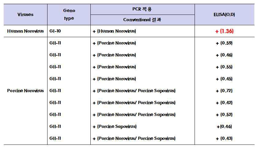 노로바이러스로 ELISA Positive 분석 결과 값(OD)