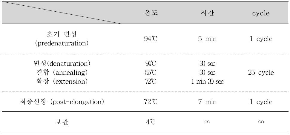 노로바이러스 Semi-nested PCR 반응조건 및 온도