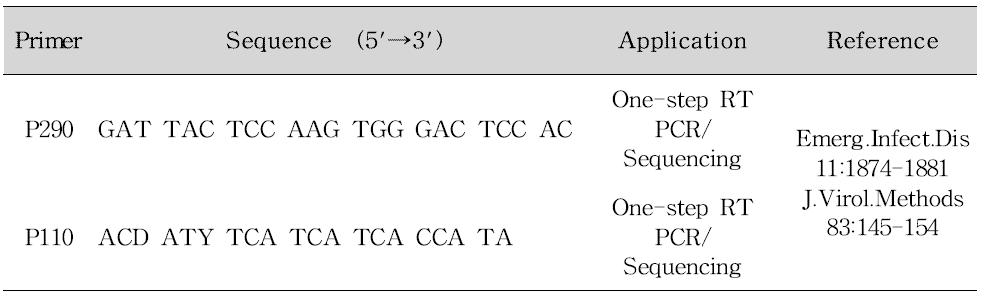 Porcine 노로바이러스 PCR 프라이머 염기서열