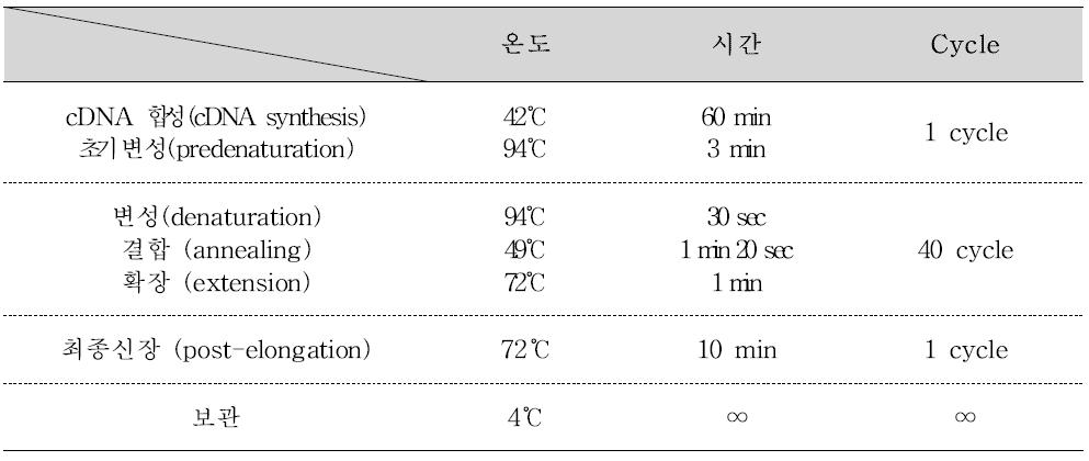 Porcine 노로바이러스 One-step RT-PCR 반응조건 및 온도