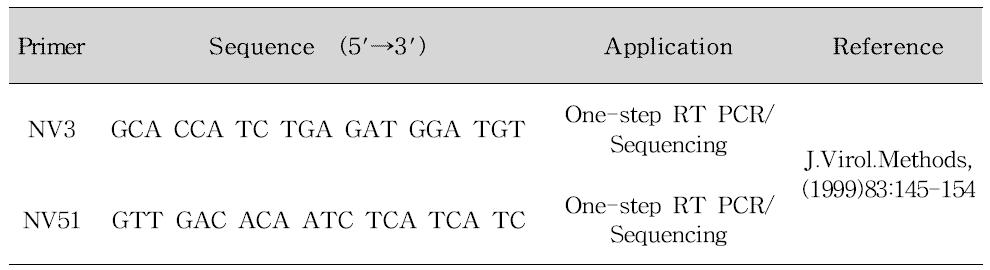 Porcine 노로바이러스 PCR 프라이머 염기서열