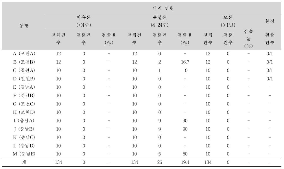 연령별․농장별 Realtime RT-PCR 증폭스크린결과