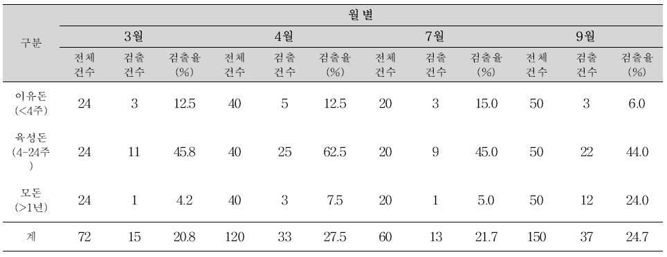 월별 Porcine 노로바이러스 Realtime RT-PCR 검출결과