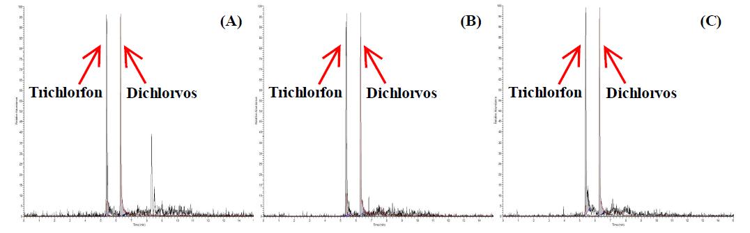 LC chromatogram of trichlorfon and dichlorvos standard at 10 μg/kg in flatfish (A), eel (B)