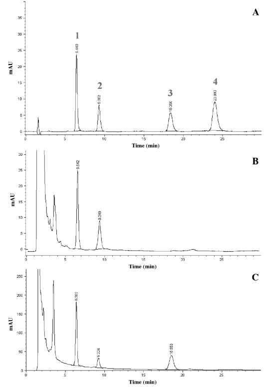 HPLC-chromatograms of authentics (A) : aloe-emodin (1), rhein (2), emodin (3), and chrysophanol (4); methanol extract (B), and 5% HCl in methanol extract of S. alata leaves (C)