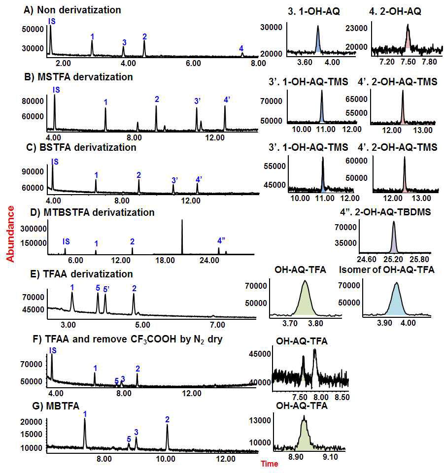 Total ion chromatograms of A) free anthraquinones, B) MSTFA derivatives, C) BSTFA derivateives, D) MTBSTFA derivateives, E) TFAA derivateives, F) TFAA derivateives after N2 dry, and G) MBTFA derivateives obtained by GC/MS scan mode
