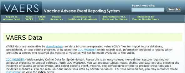 미국 VAERS 자료 제공에 대한 홈페이지 안내 화면.