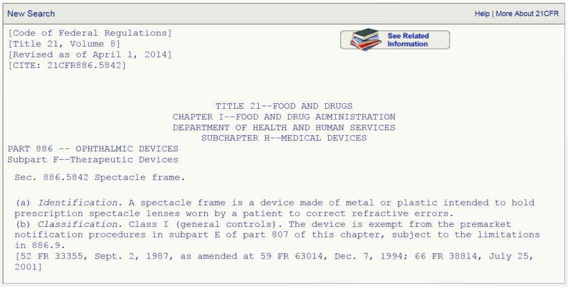 미국 FDA에서의 선글라스의 정의와 분류 (CFR 21 886.5842)