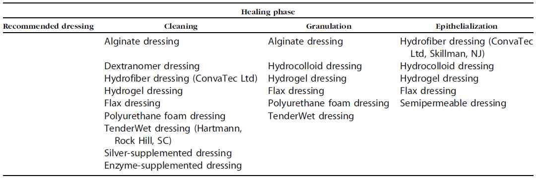 치유과정에 따른 창상피복재의 추천양상의 예시