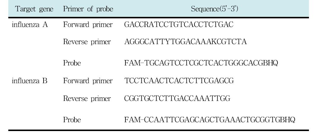 Real-time PCR법에서의 probe 및 primer