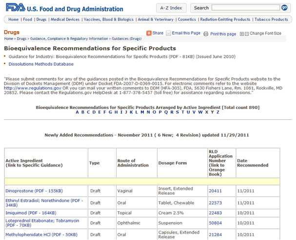 성분별 생동성시험에 대한 표준화된 지침을 제공하는 FDA의 데이터베이스 예