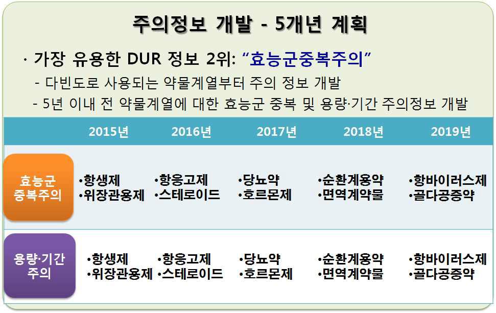 효능군중복주의, 용량 및 투여기간주의 정보 개발 5개년 계획