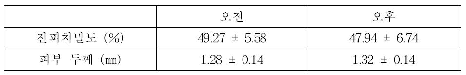 종아리 부위 진피치밀도 및 피부 두께 측정값