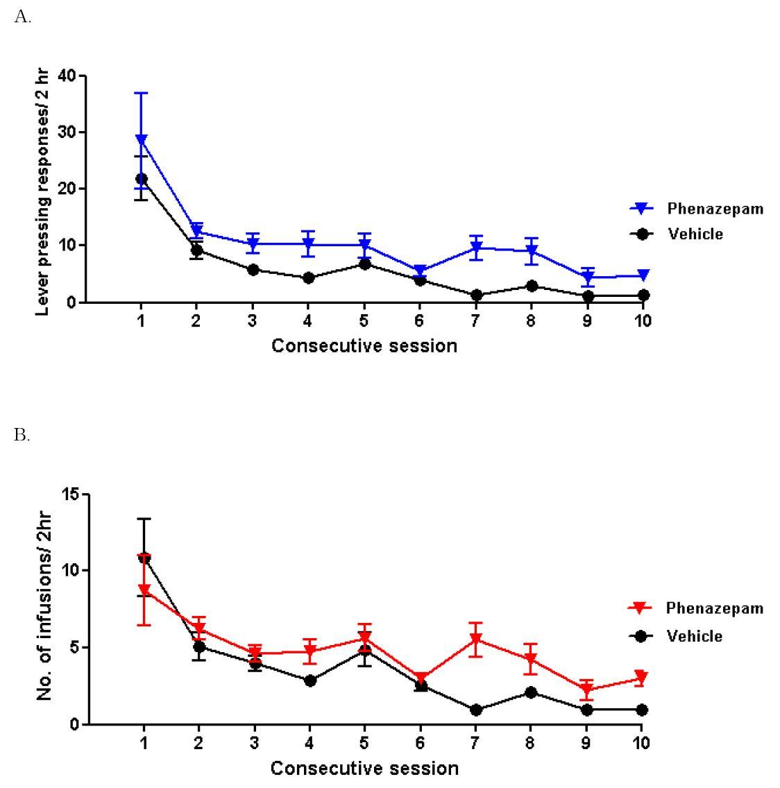 Acquisition of phenazepam (100 μg/infusion) self administration in sprague-Dawley (SD) rats with lever pressing responses (A) and drug-infusions (B).