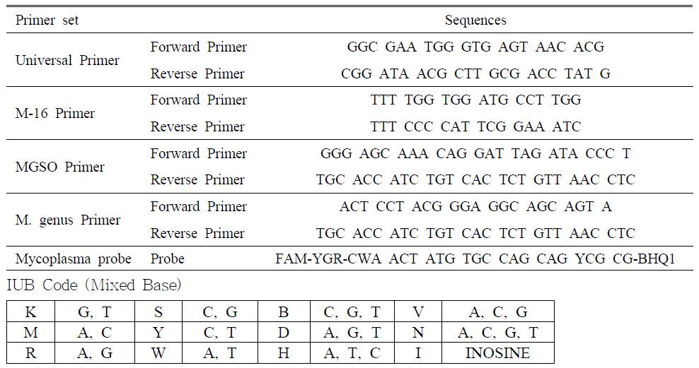 마이코플라스마 primer set와 TaqMan probe