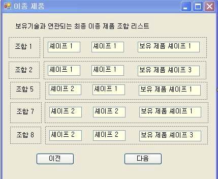 보유기술과 연관되는 이종제품 조합 리스트 출력 창