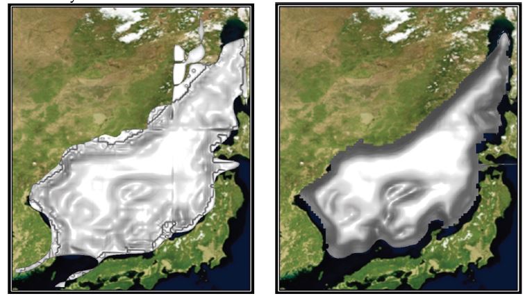 Isosurface of the temperature field from a ROMS simulation output. Image on the left was produced prior to addition of support for missing data values. In the image on the right missing data values are not included in the isosurface construction.