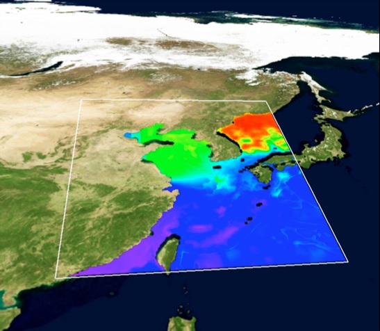 ROMS simulation of northern pacific computed on a curvilinear grid. The curvilinear grid is re-sampled to a regular grid, aligned to latitude and longitude.