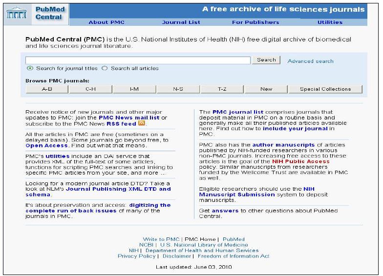 The Start-up Screen of PubMed Central